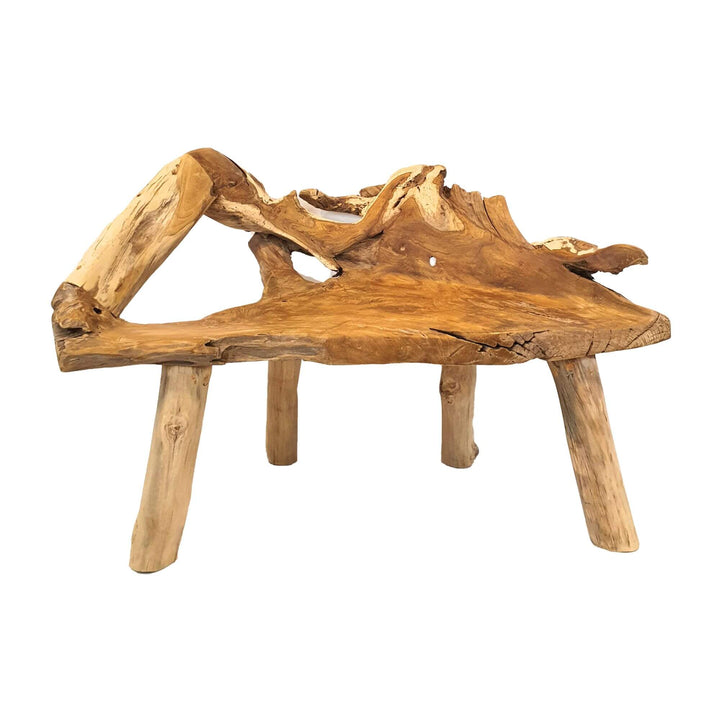 ISHA TEAK ROOT WOOD BENCH with natural, organic design on a white background