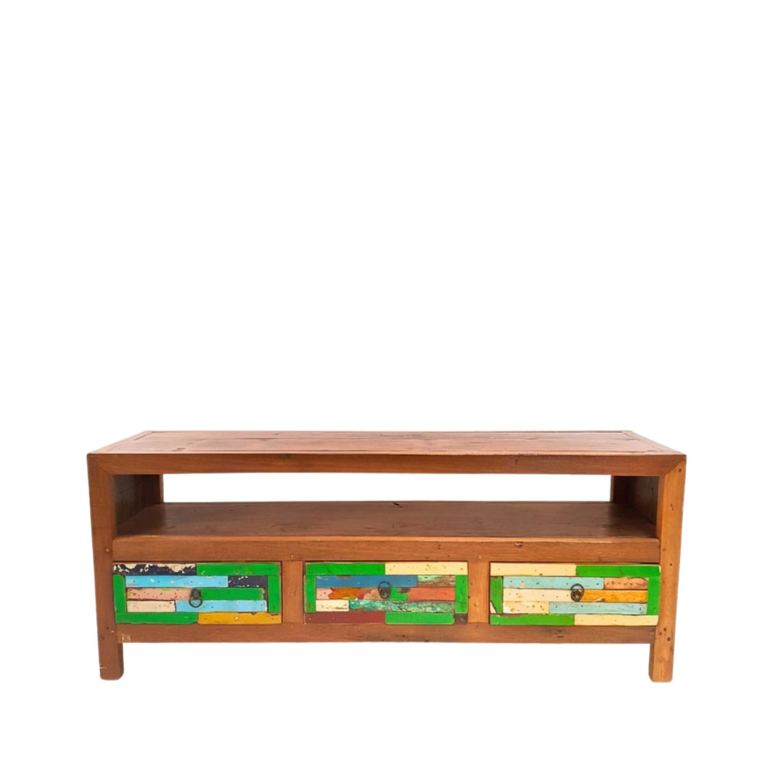 Front view of Isis Teak Wood TV Console showcasing reclaimed teak structure and colorful drawer fronts.