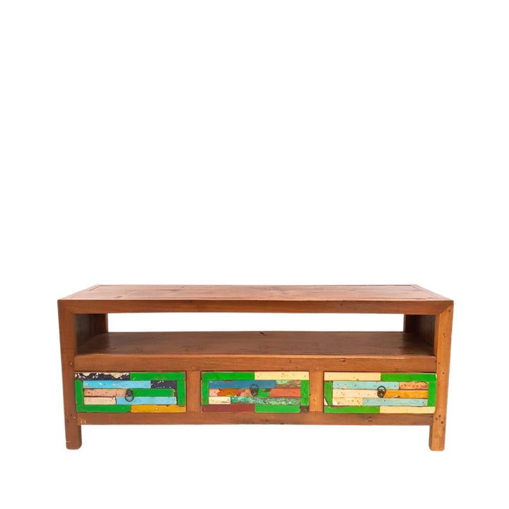 Front view of Isis Teak Wood TV Console showcasing reclaimed teak structure and colorful drawer fronts.