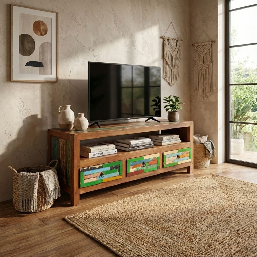 Styled living room interior featuring the Isis TV console supporting a flat-screen television.