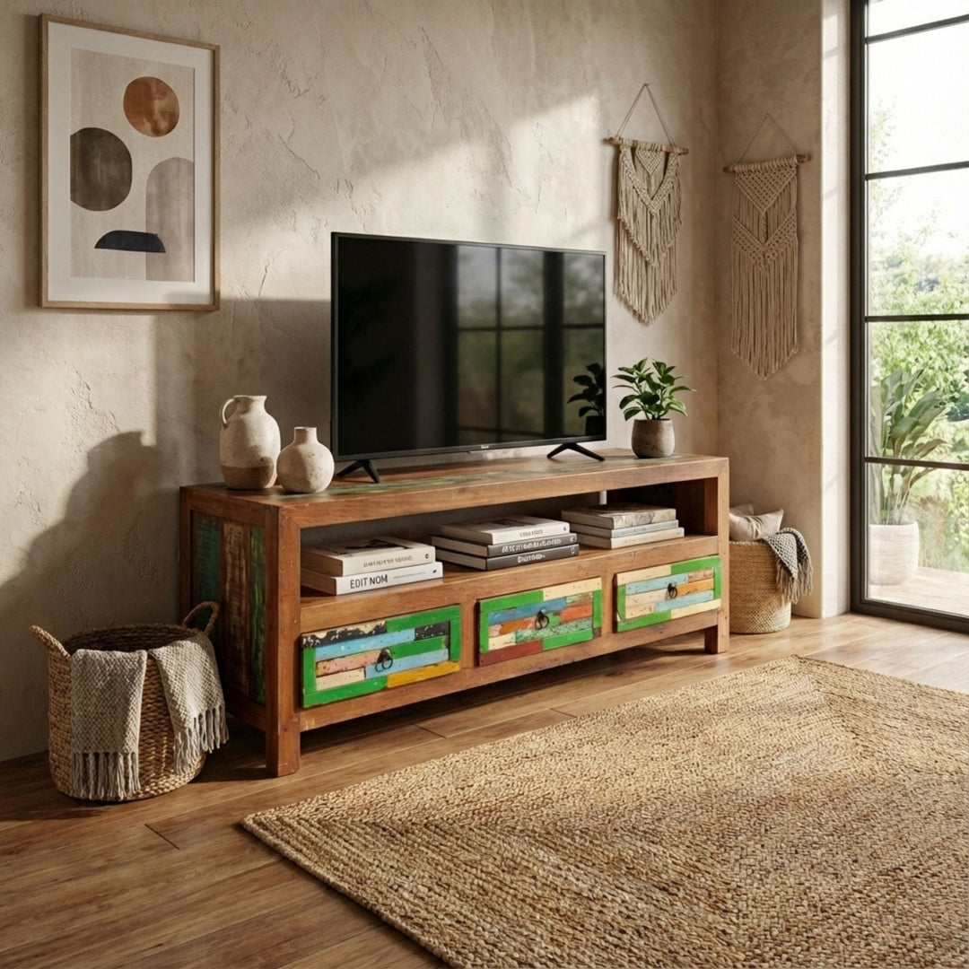 Styled living room interior featuring the Isis TV console supporting a flat-screen television.