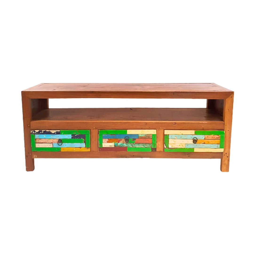 ISIS Teak Wood TV Console front view with open shelf and three multicolor drawers
