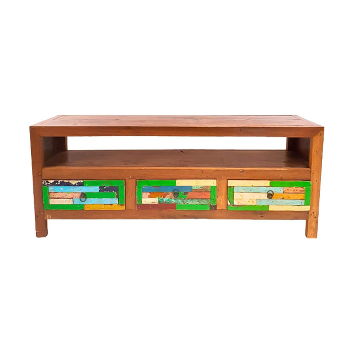ISIS Teak Wood TV Console front view with open shelf and three multicolor drawers