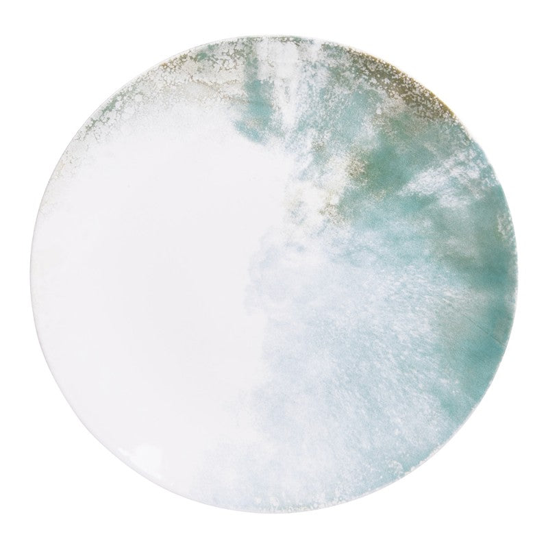 Top view of Islande ceramic plate with white and green coastal-inspired glaze.