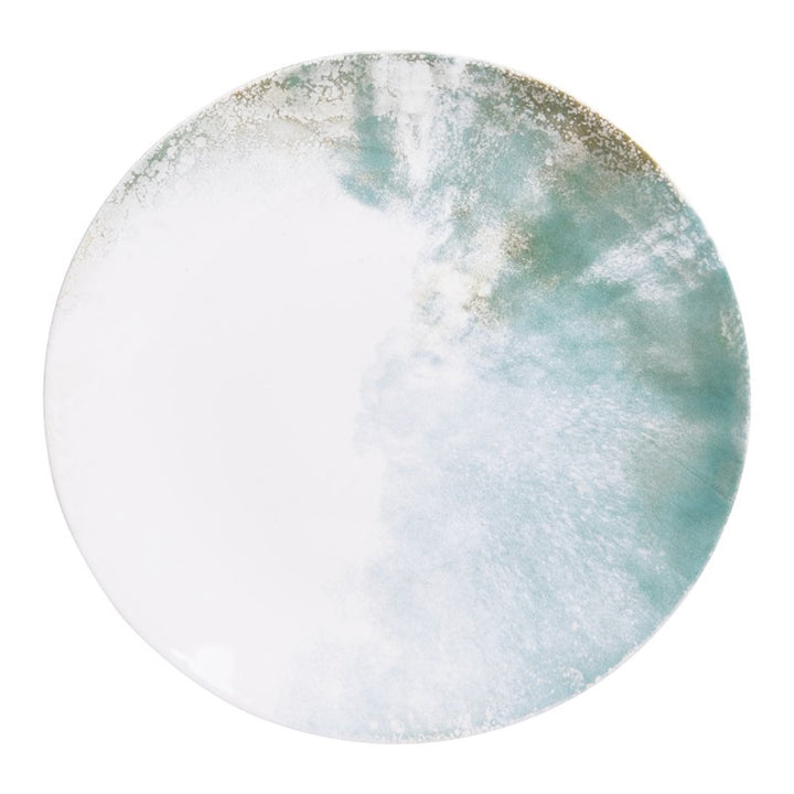 Top view of Islande ceramic plate with white and green coastal-inspired glaze.