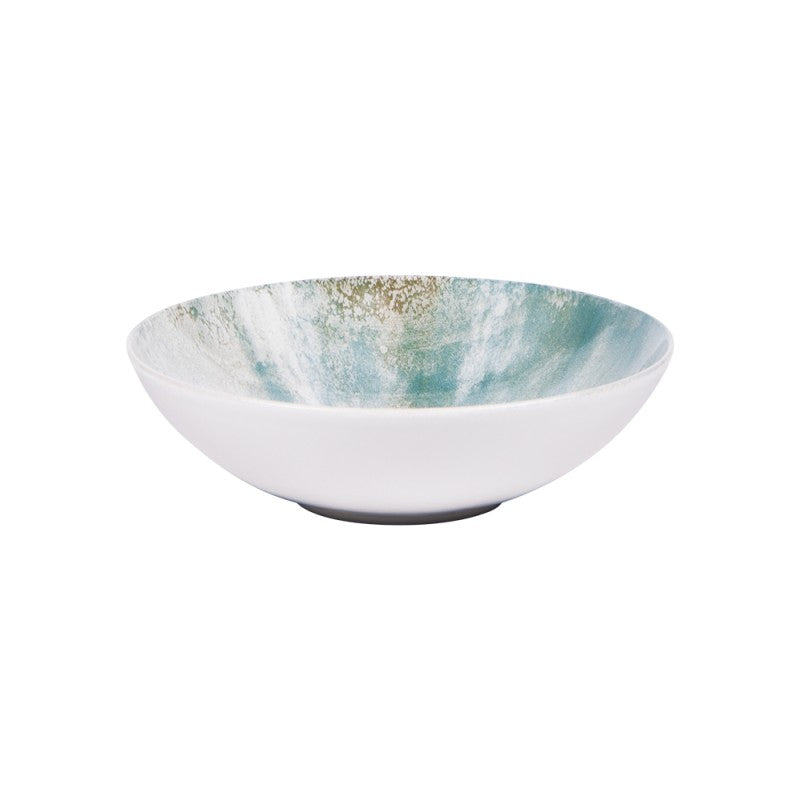 Top view of Islande ceramic small bowl with white and green coastal-inspired glaze.