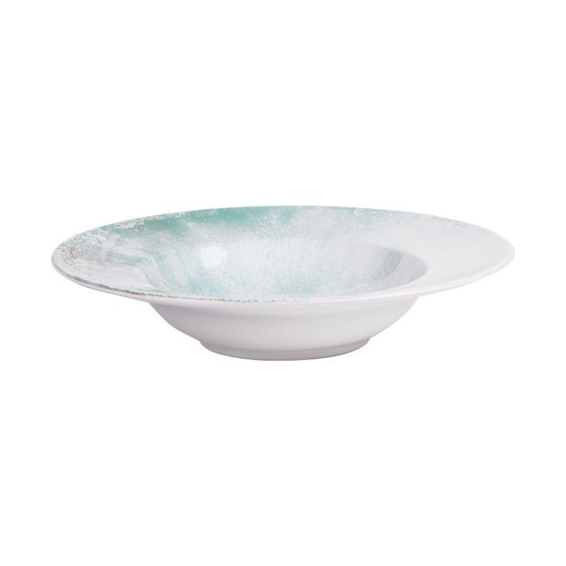 Top view of Islande ceramic pasta plate with white and green coastal-inspired glaze.