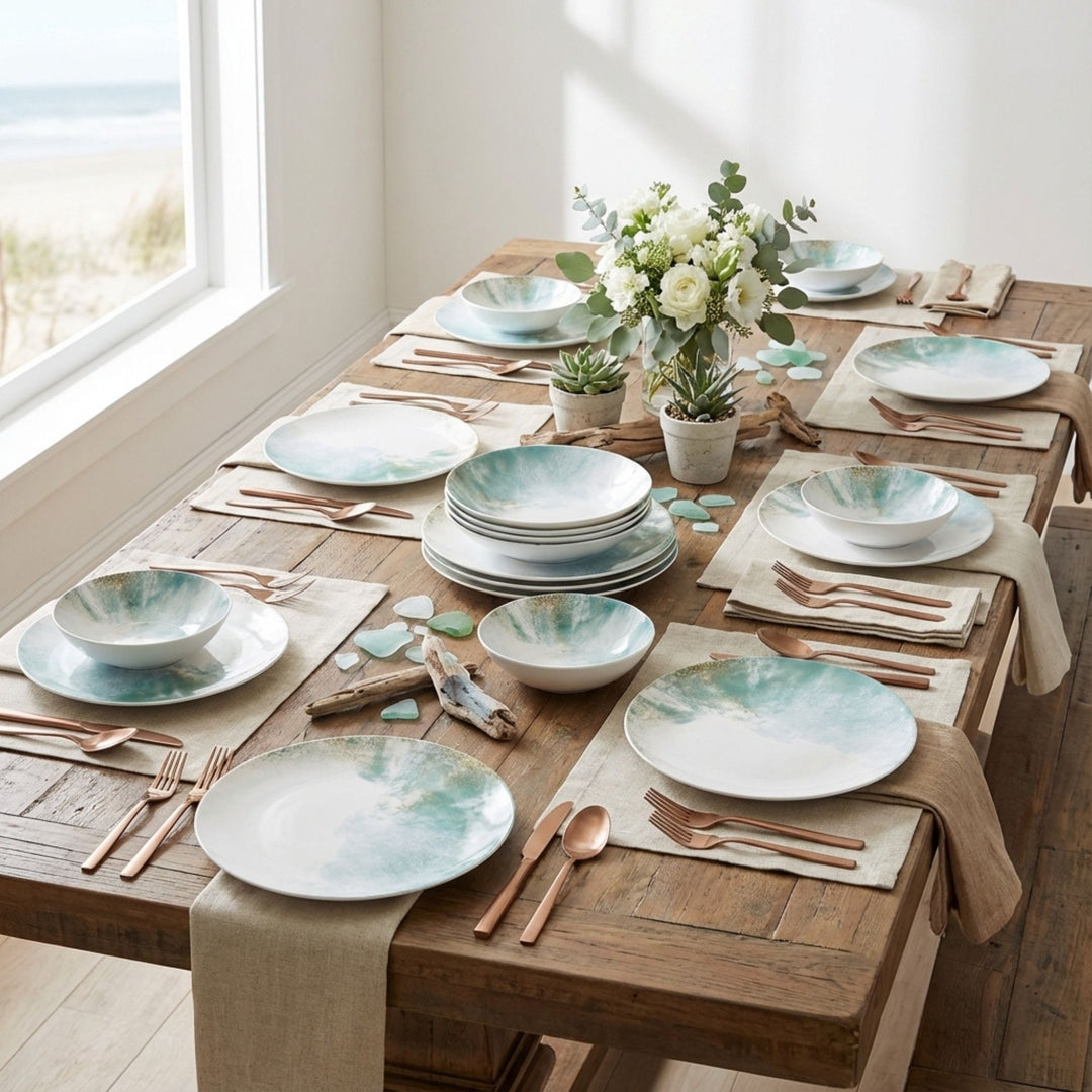 Top view of Islande ceramic bowl with white and green coastal-inspired glaze.