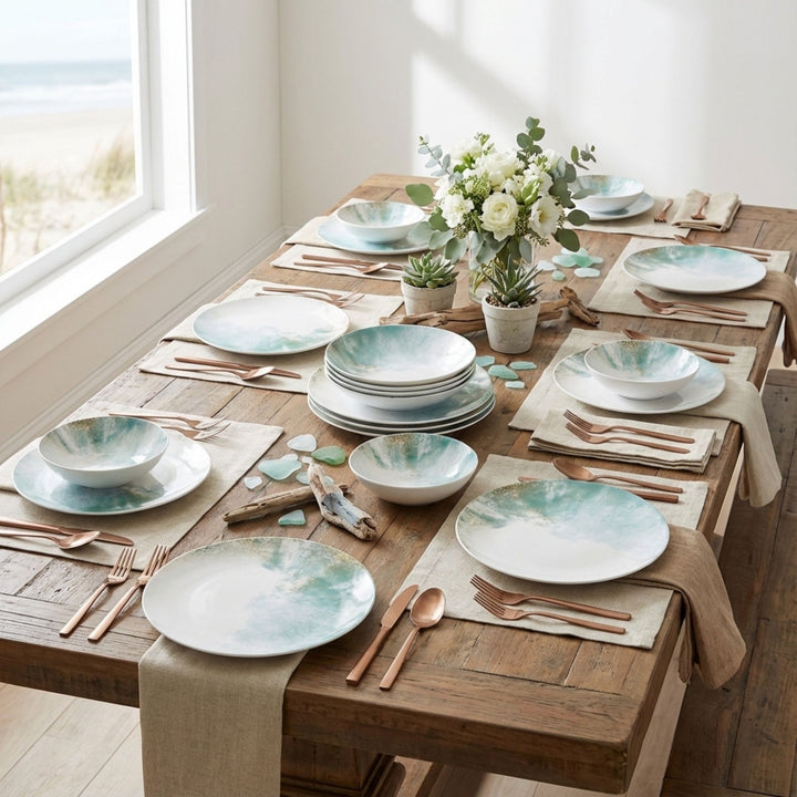 Top view of Islande ceramic bowl with white and green coastal-inspired glaze.