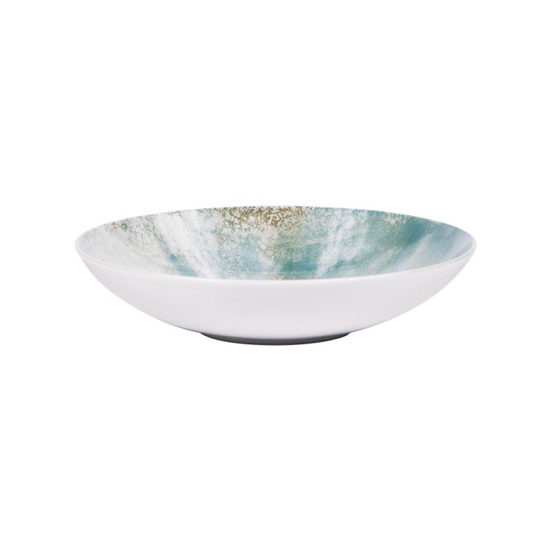Top view of Islande ceramic bowl with white and green coastal-inspired glaze.