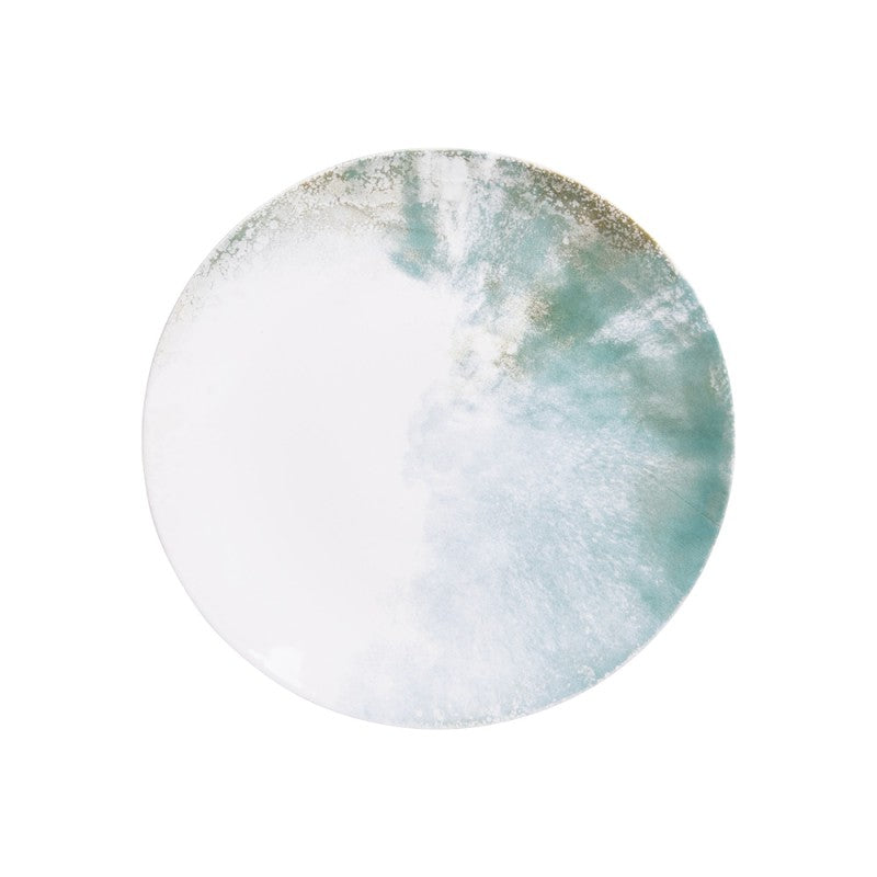Top view of Islande ceramic dessert plate with white and green coastal-inspired 