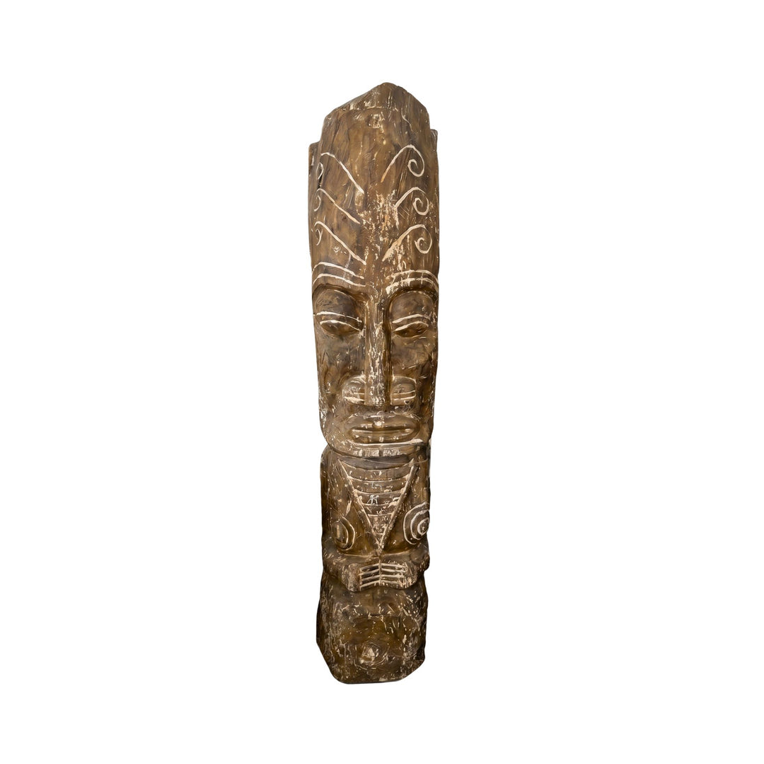 Front view of the Isquia tribal wood sculpture showing its tall hand-carved form and expressive facial details.