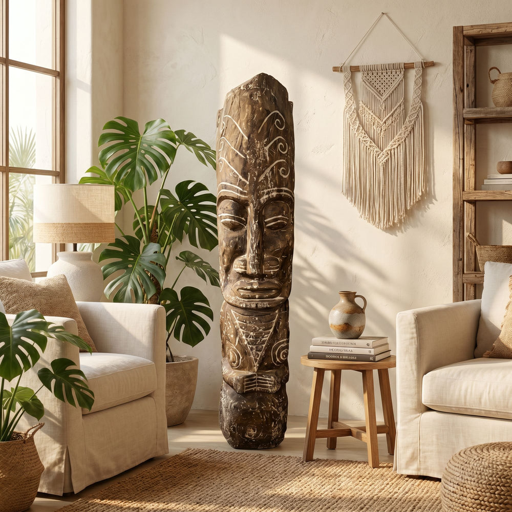 Styled interior setting featuring the Isquia tribal sculpture as a statement decorative piece in a warm natural living space.