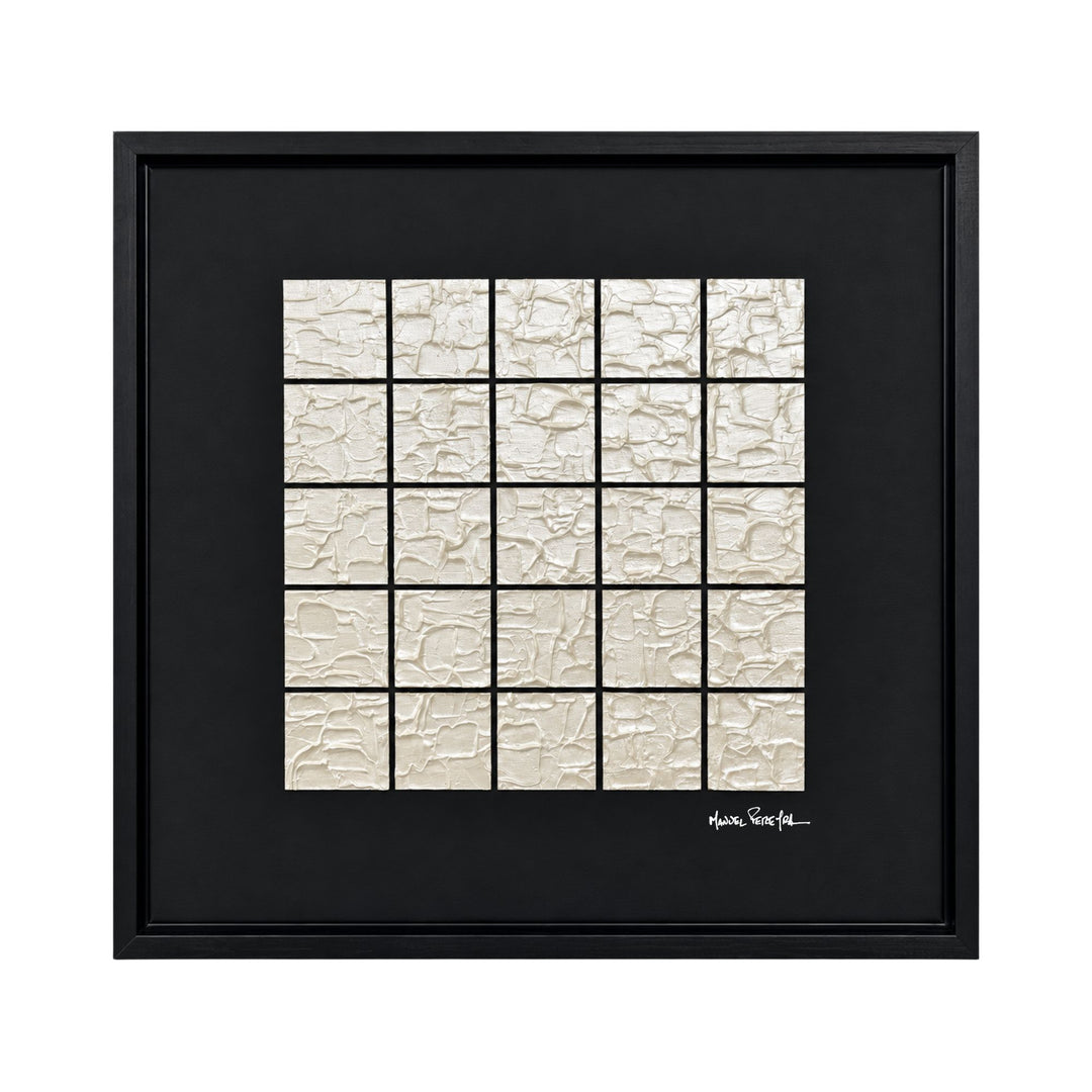 Front view of the Ivory Grid original painting by Manuel Pereyra with a textured ivory grid composition and black frame