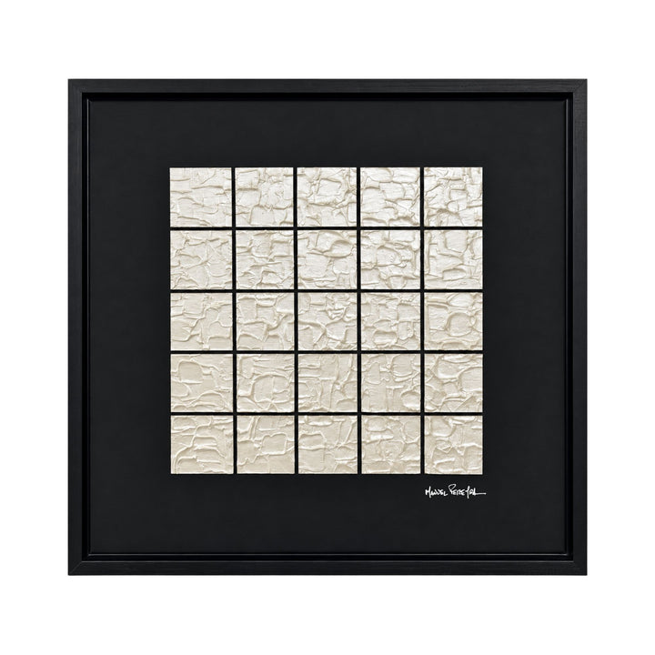 Front view of the Ivory Grid original painting by Manuel Pereyra with a textured ivory grid composition and black frame