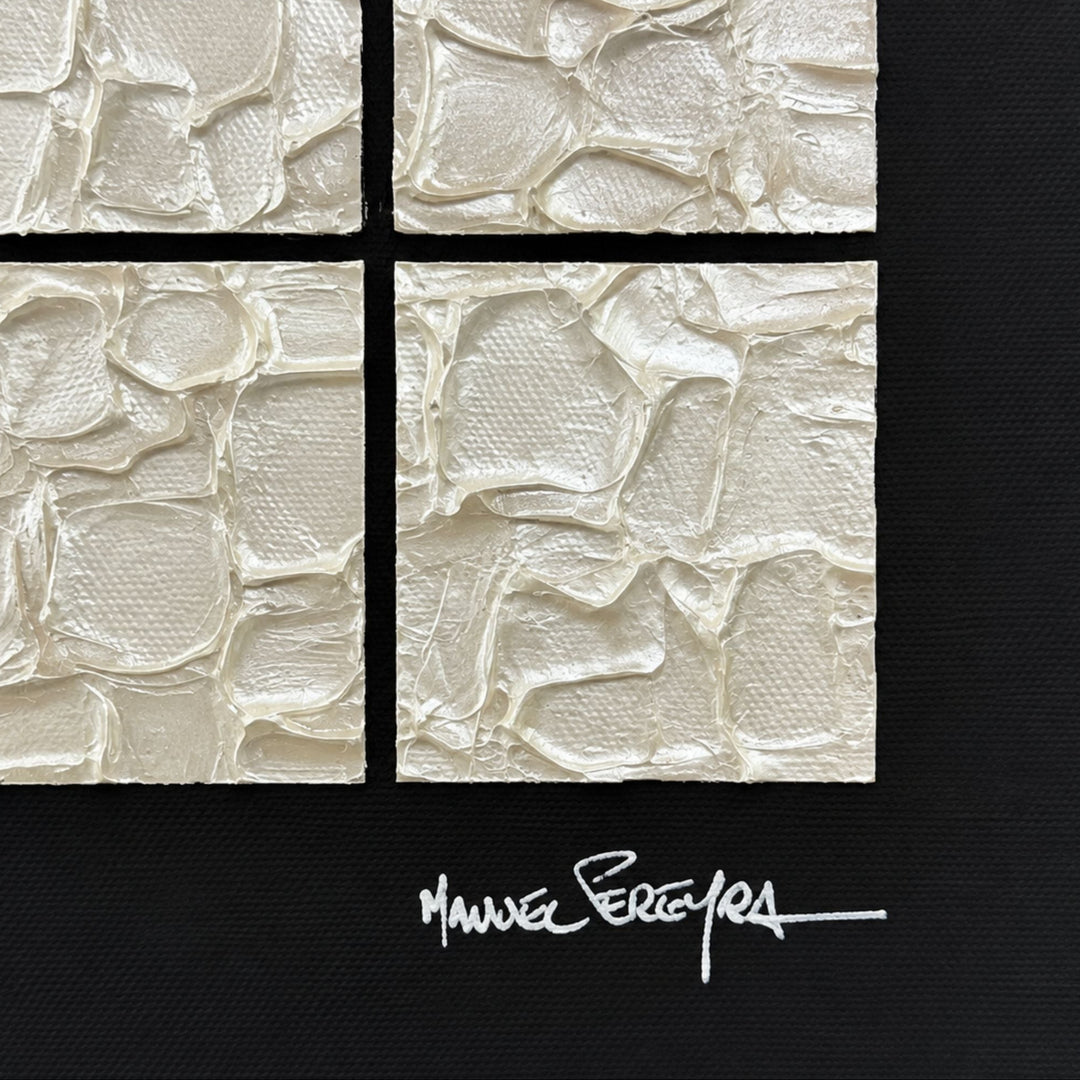 Close-up of the Ivory Grid artwork showing its textured mixed-media ivory surface, black border, and artist signature