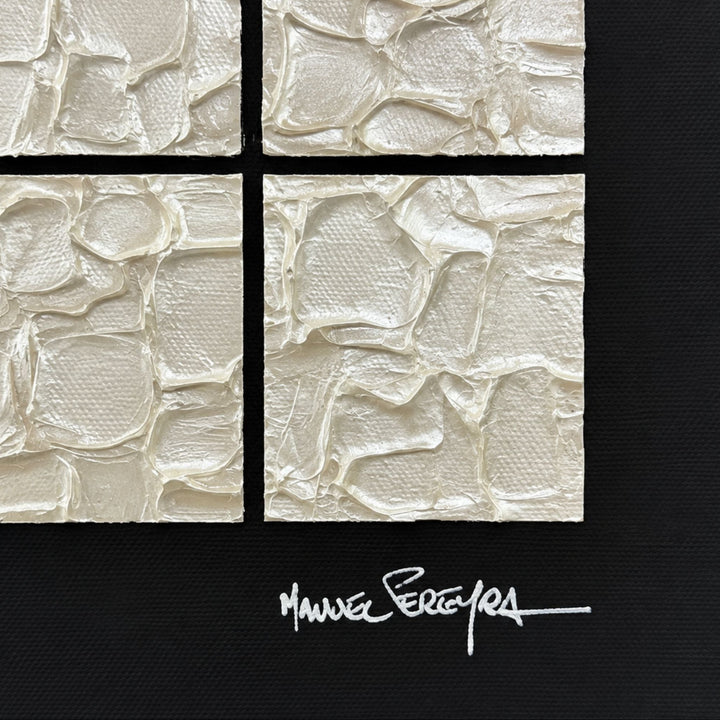 Close-up of the Ivory Grid artwork showing its textured mixed-media ivory surface, black border, and artist signature