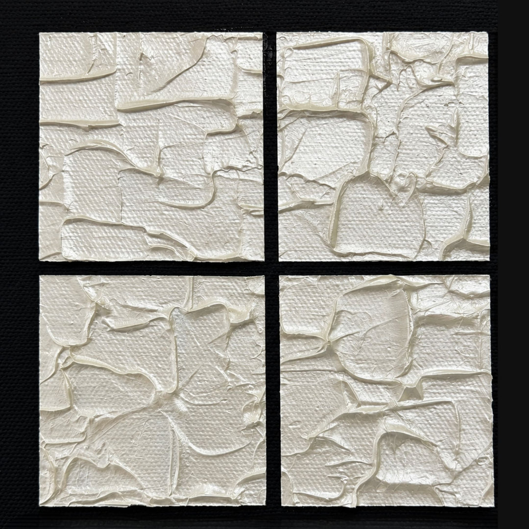 Close-up of the Ivory Grid painting highlighting the geometric grid design and sculptural painted texture