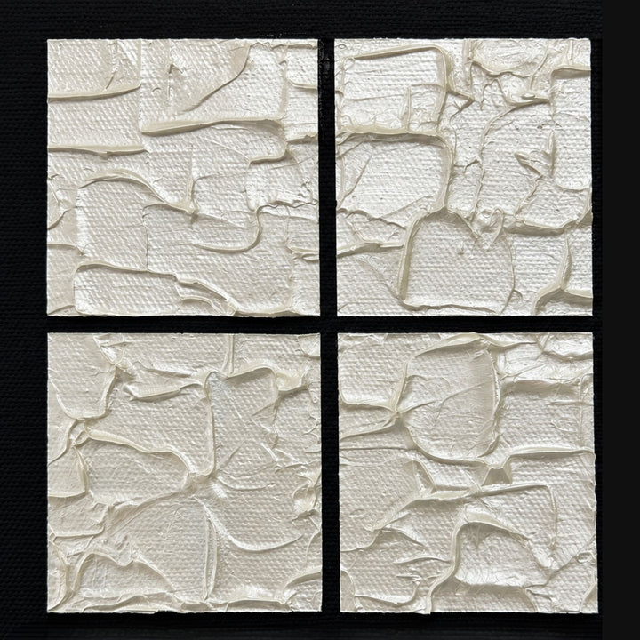 Close-up of the Ivory Grid painting highlighting the geometric grid design and sculptural painted texture