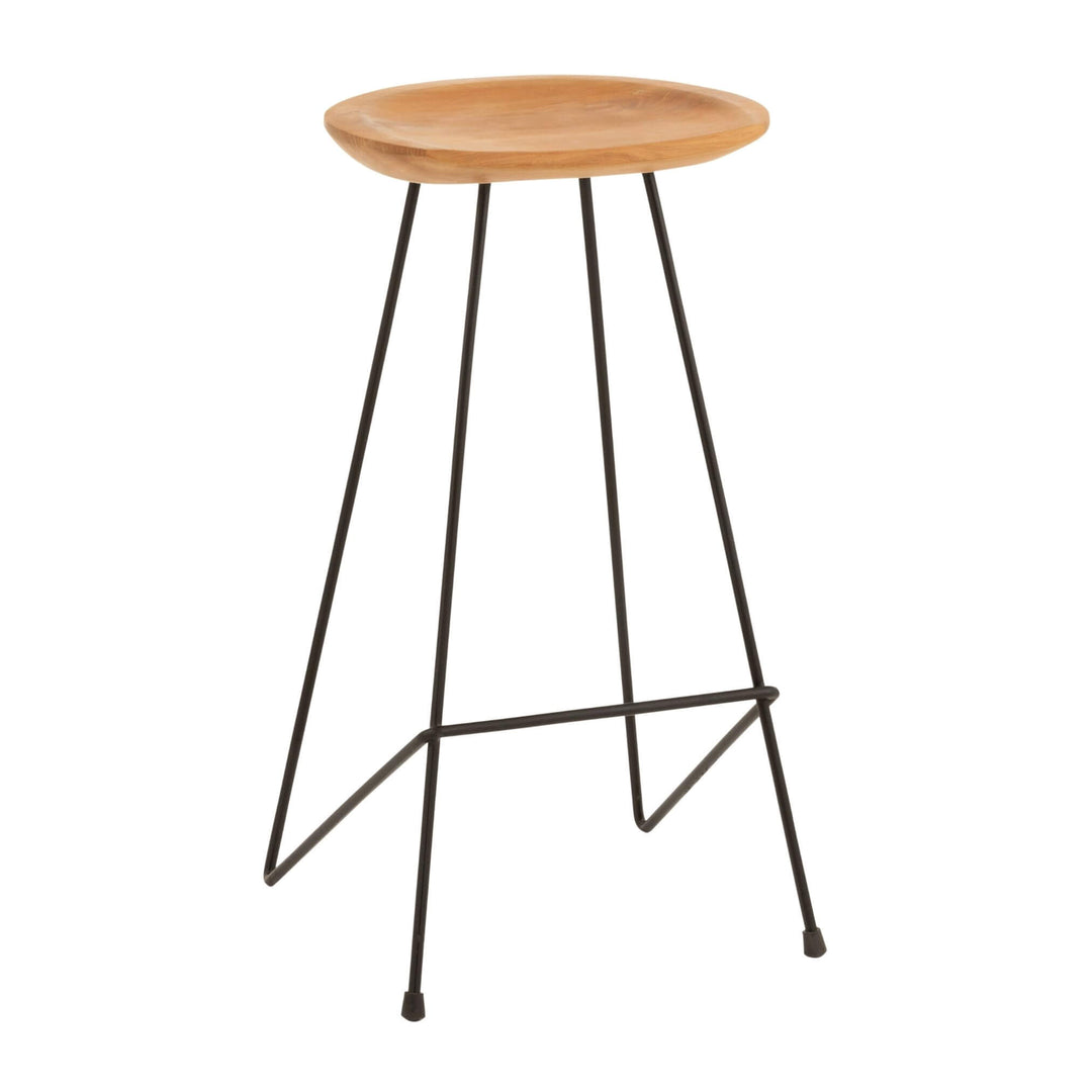 Industrial Bar Chair with teak round seat and black iron legs front view