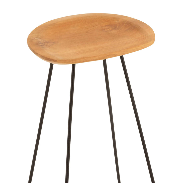 Angled view highlighting teak seat profile and metal frame
