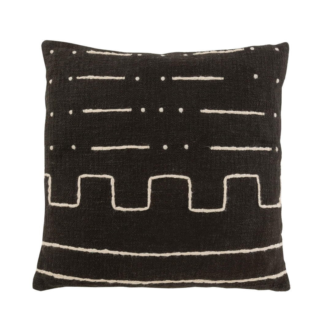 Front view of the Jacob cushion featuring a black cotton cover with natural graphic pattern.