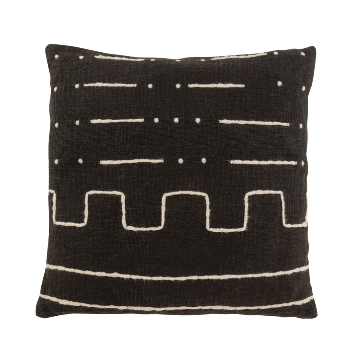 Front view of the Jacob cushion featuring a black cotton cover with natural graphic pattern.