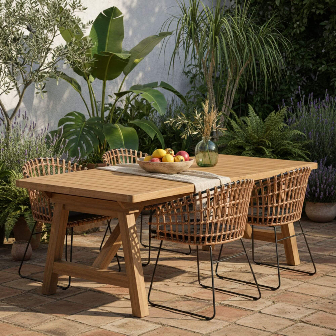 Dining setup on a terrace with the Jaipur Acacia Extensible Table.