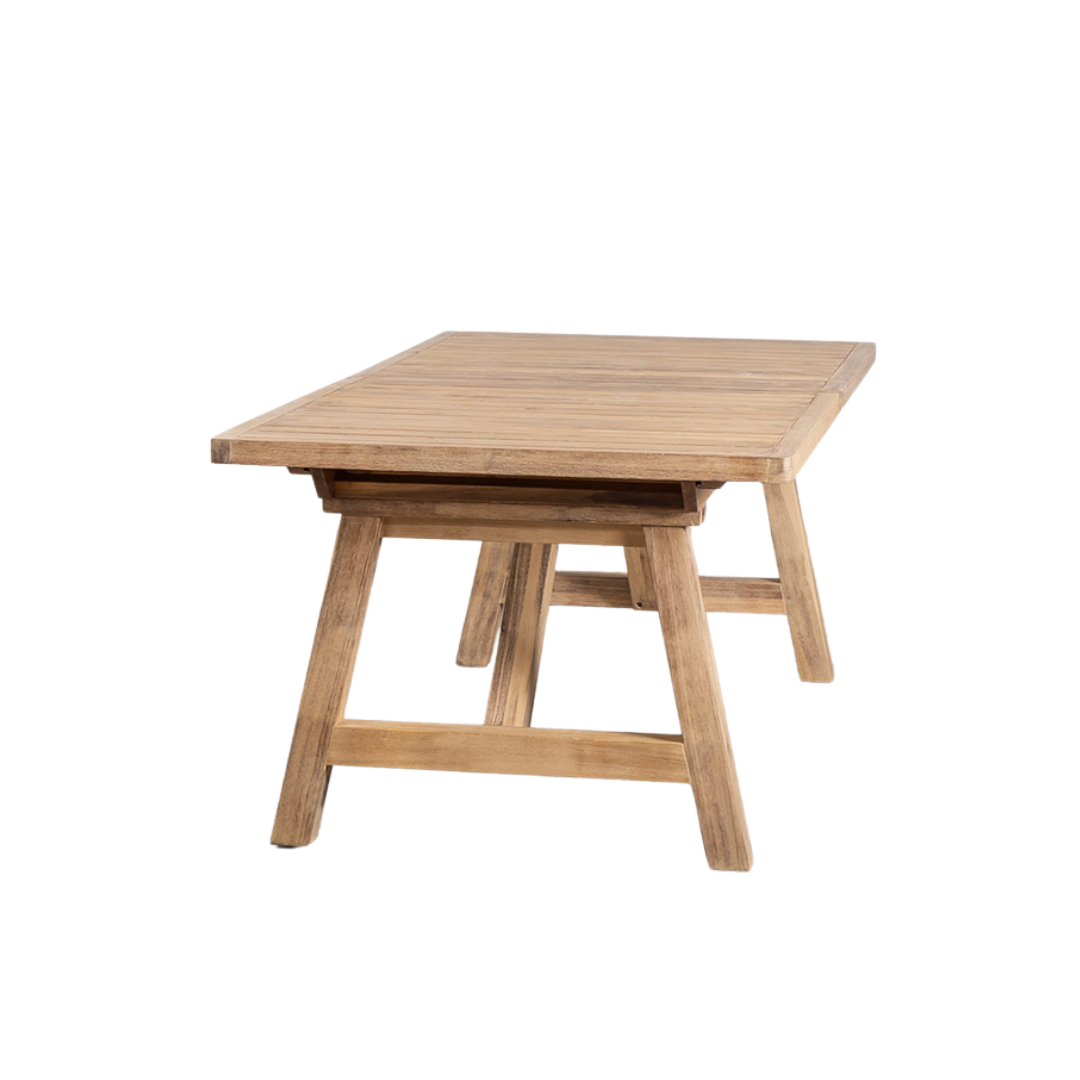 Side view highlighting the table’s acacia wood surface and extension system.