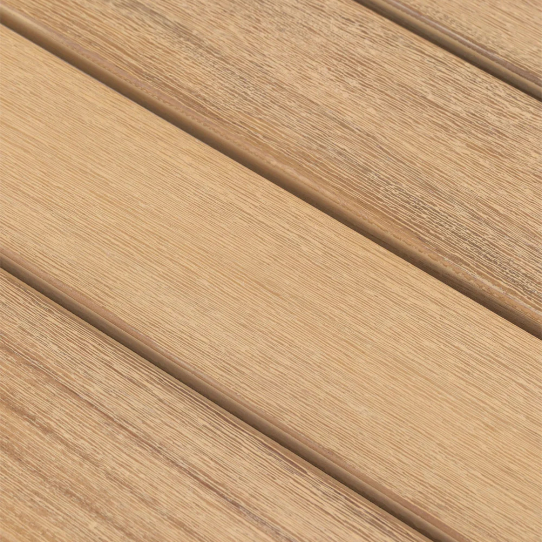 Close-up of the tabletop showing natural acacia wood texture.