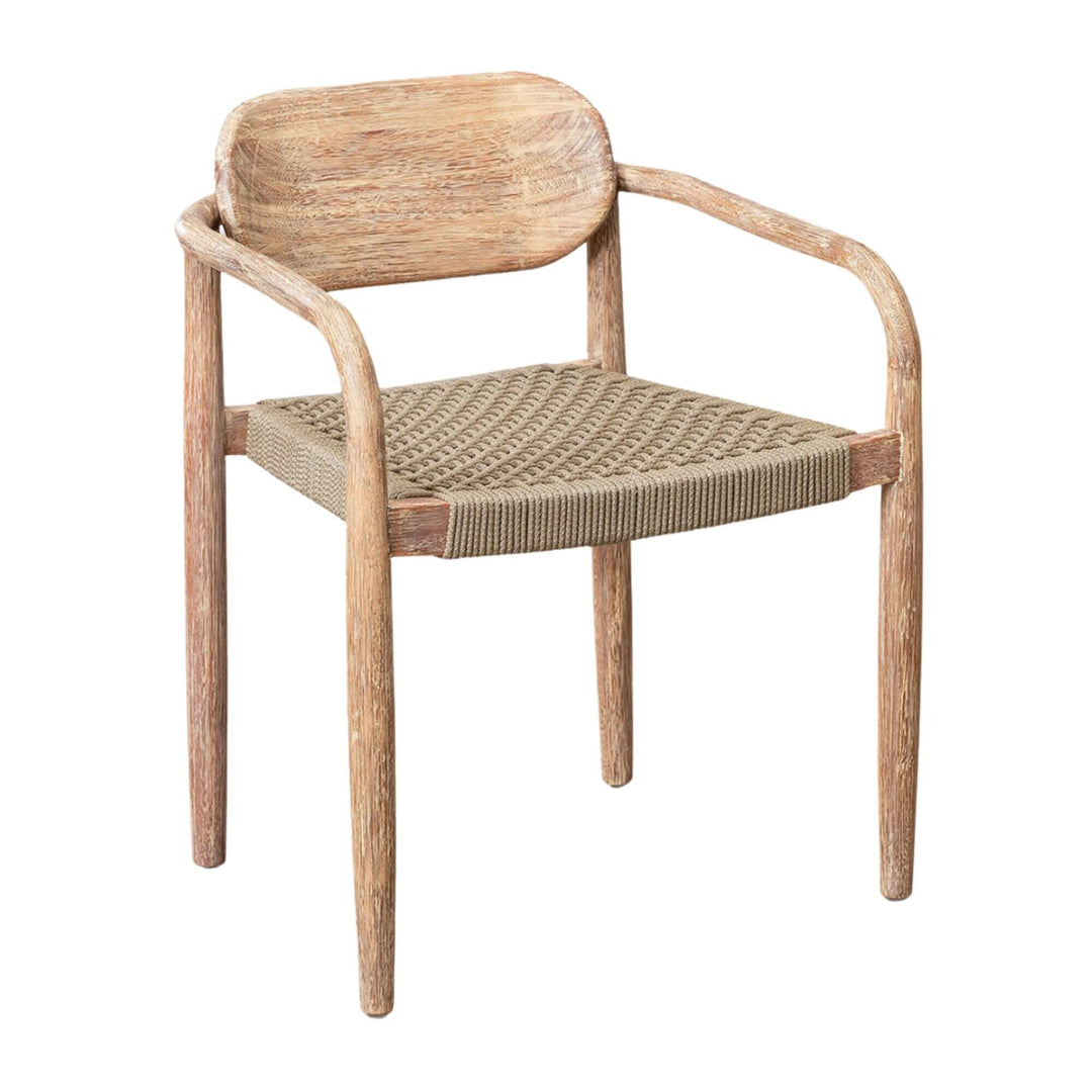 Jaipur Dining Chair in natural wood with woven beige seat on white background.