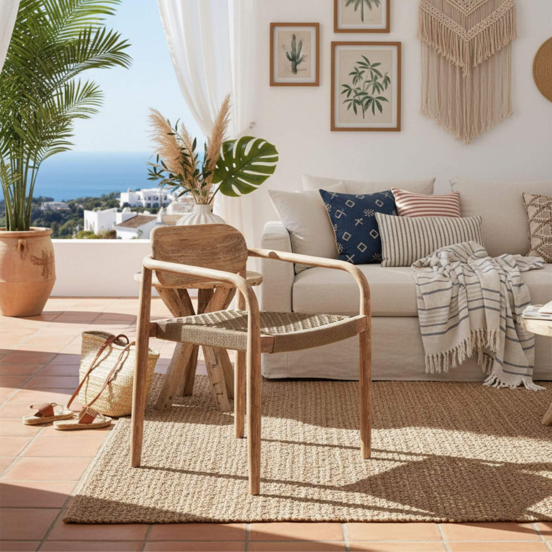Jaipur Dining Chair styled in a Mediterranean living room with natural decor.