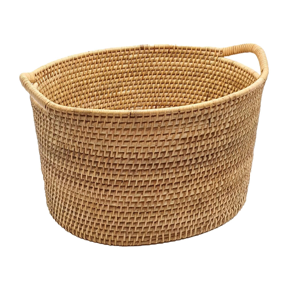 Side view of natural rattan Jaipur storage basket