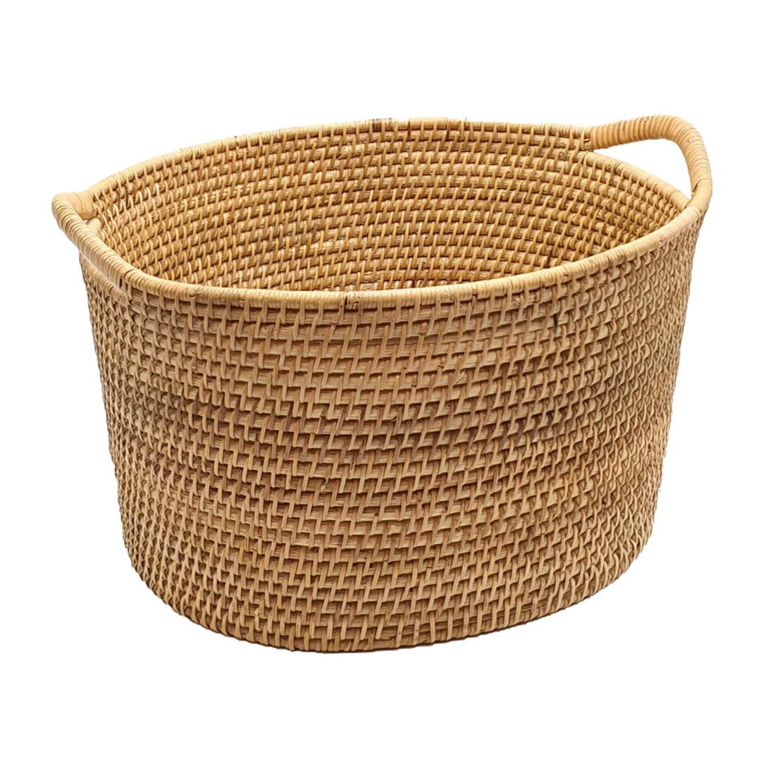 Side view of natural rattan Jaipur storage basket