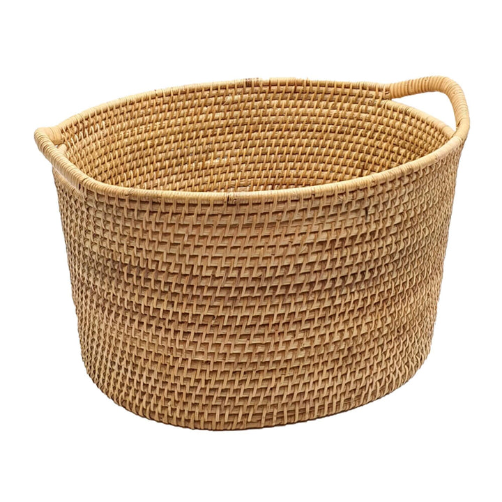 Side view of natural rattan Jaipur storage basket