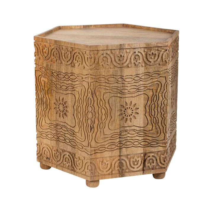 Front view of the Jali stool showcasing its carved wooden geometric pattern.