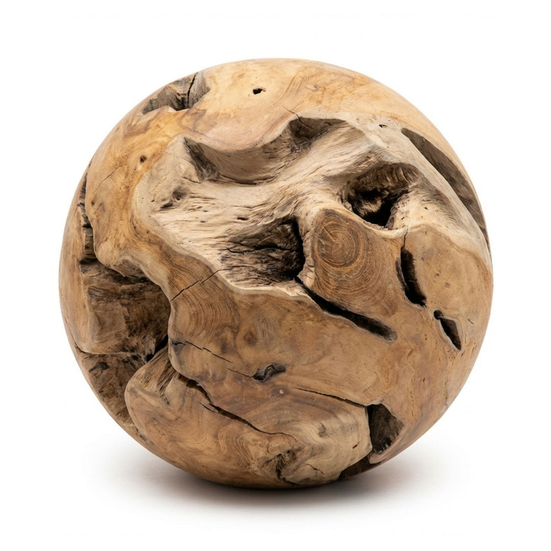 Front view of the Janus teak root decorative ball showing its natural organic shape.