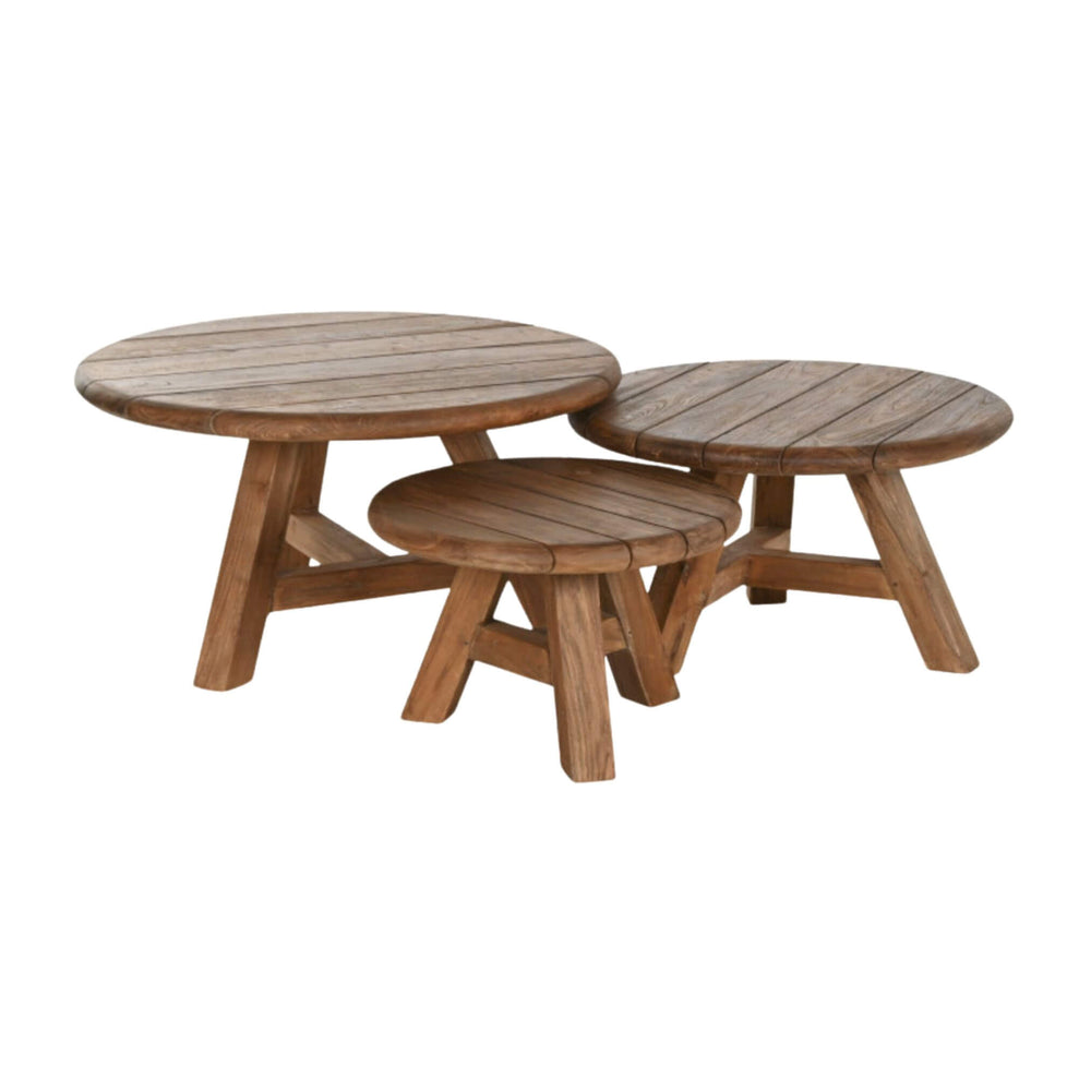 Set of three Jati outdoor teak coffee tables in S, M, L sizes
