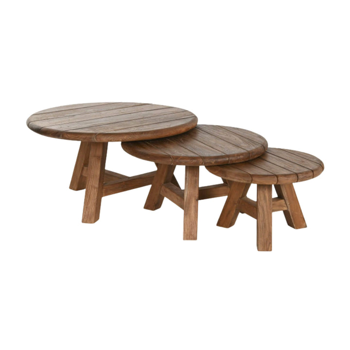 Set of three Jati outdoor teak coffee tables in S, M, L sizes