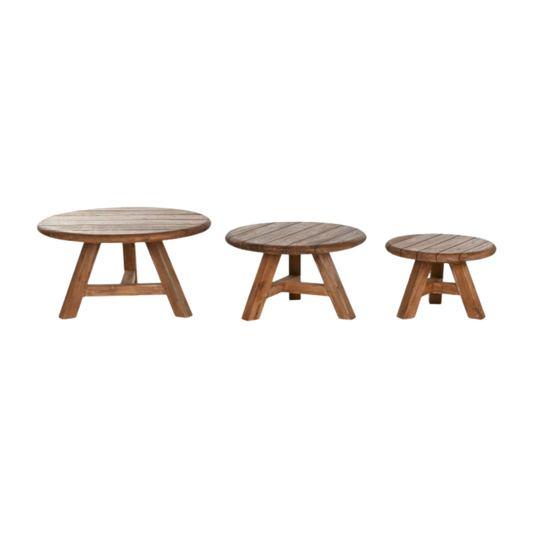 Set of three Jati outdoor teak coffee tables in S, M, L sizes