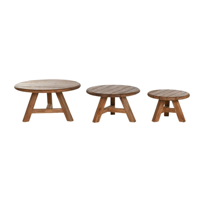 Set of three Jati outdoor teak coffee tables in S, M, L sizes