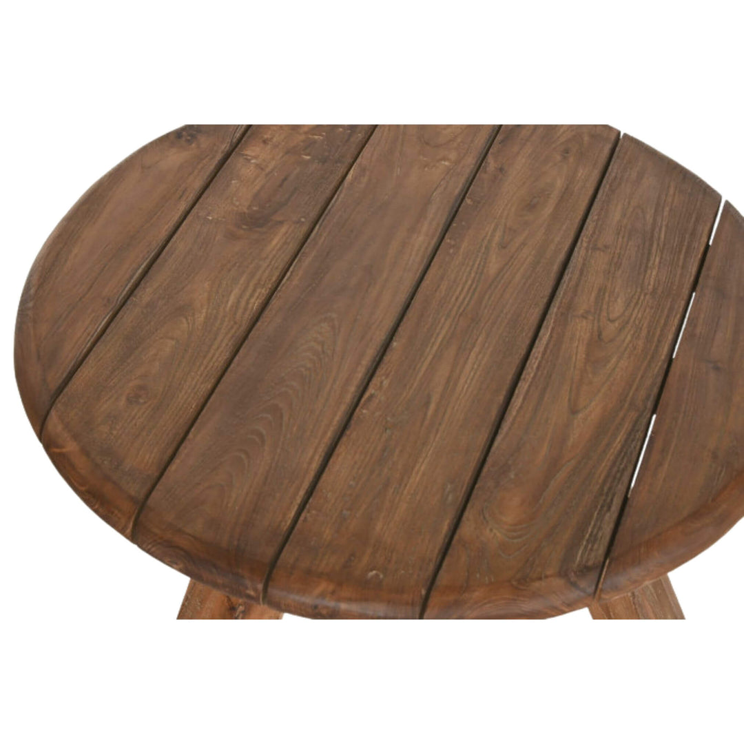 Close-up of recycled teak plank top with weathered grain