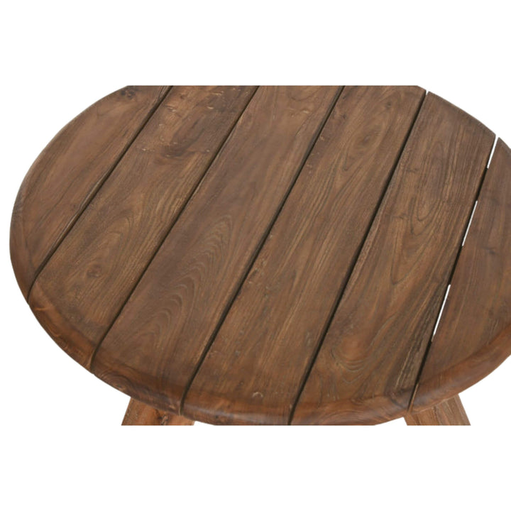 Close-up of recycled teak plank top with weathered grain