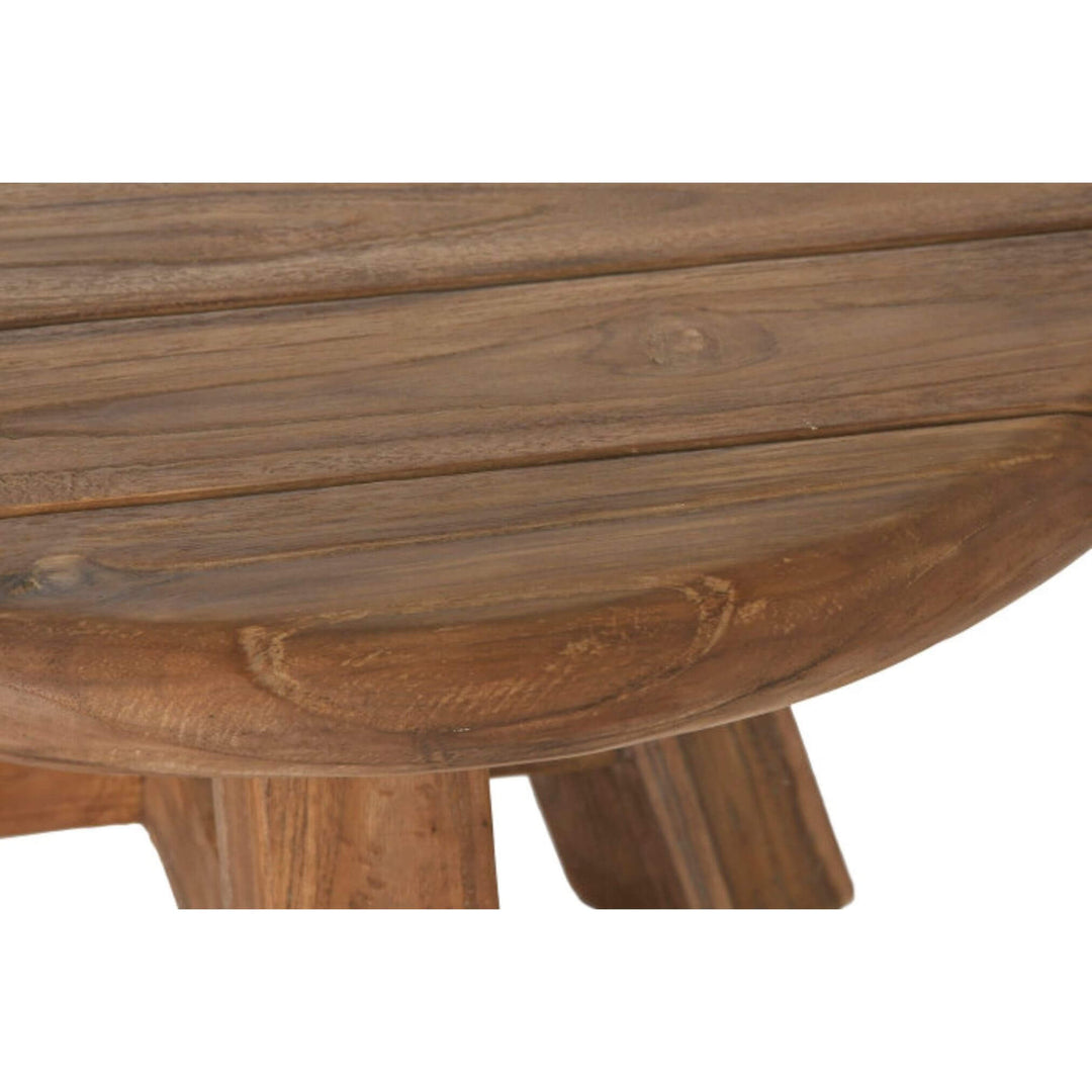 Close-up of recycled teak plank top with weathered grain