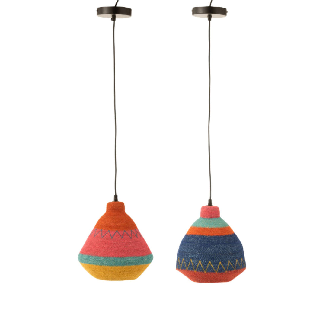 Multicolor Jerba Ceiling Lamp made from natural fibers, hanging view.