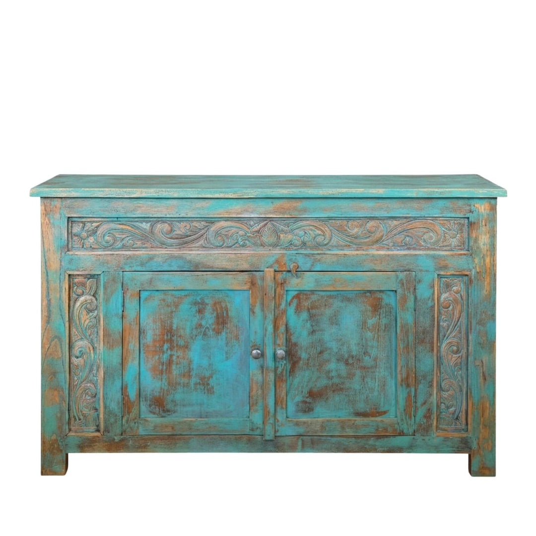 Front view of the Jimbaran blue teak wood buffet with carved detailing and distressed finish.