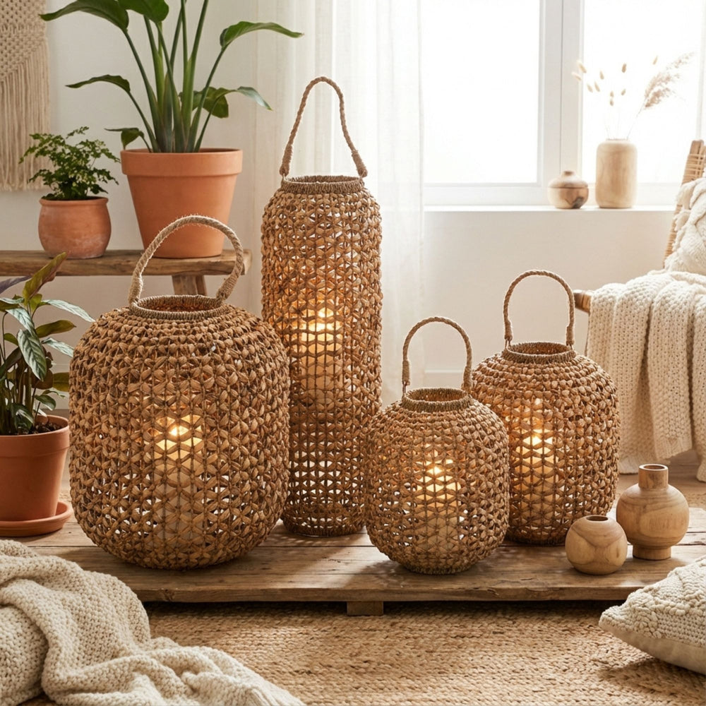 Styled interior setting featuring Jonas lanterns creating a warm and natural atmosphere.