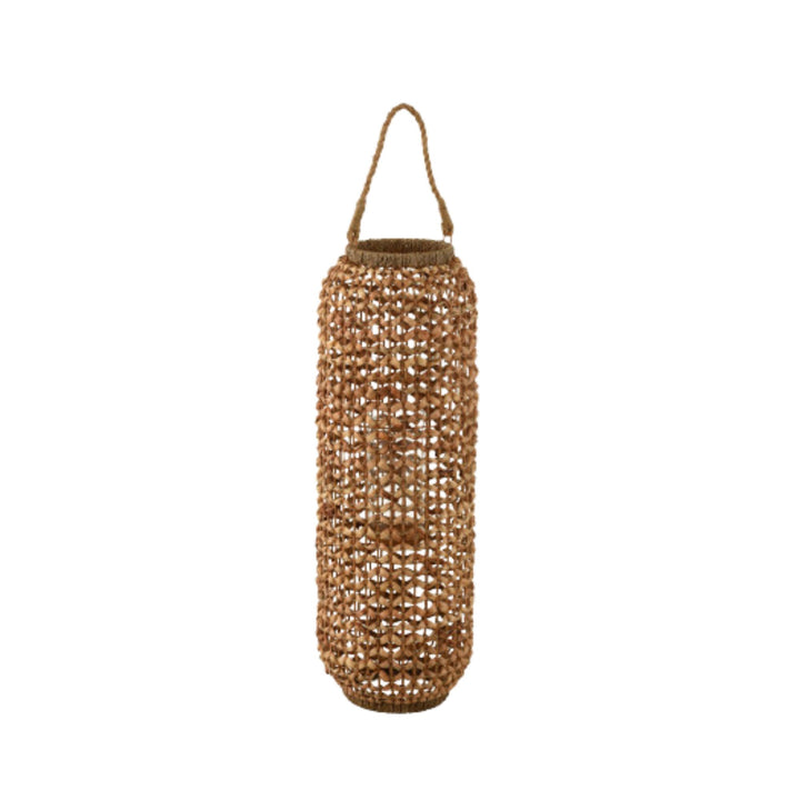 Tall Jonas lantern emphasizing its vertical shape and natural fiber weave.
