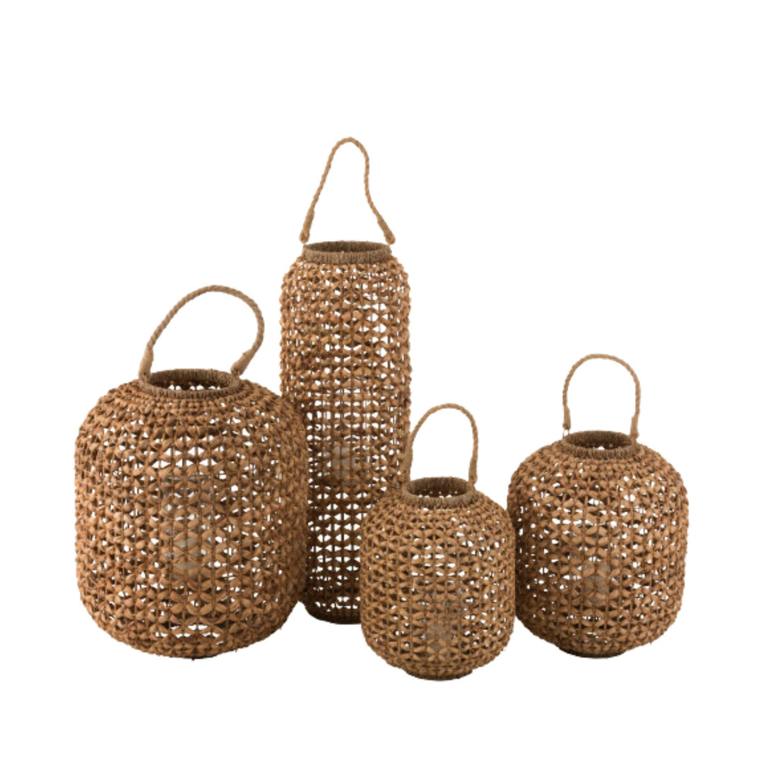 Group of Jonas lanterns in various sizes highlighting their handwoven water hyacinth texture.