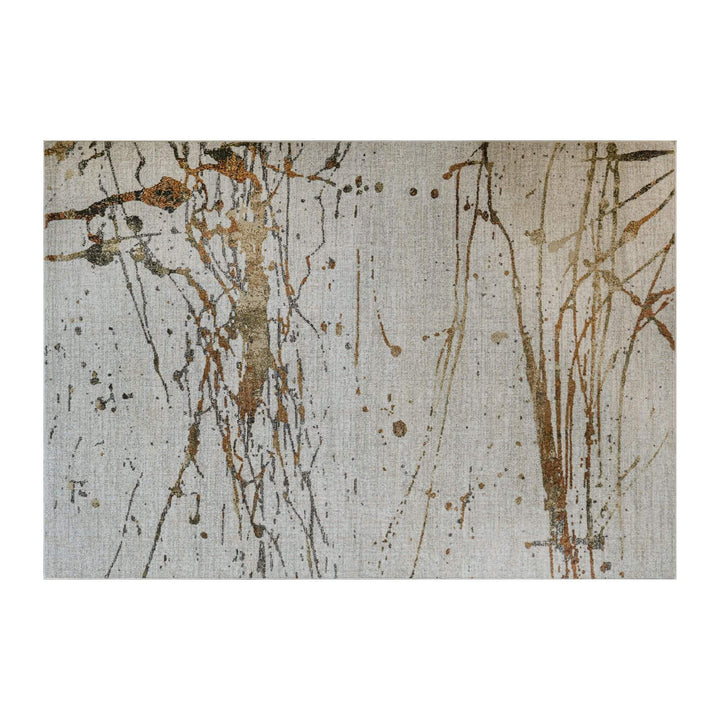 Front view of the Jura rug featuring an abstract linear pattern in earthy tones.